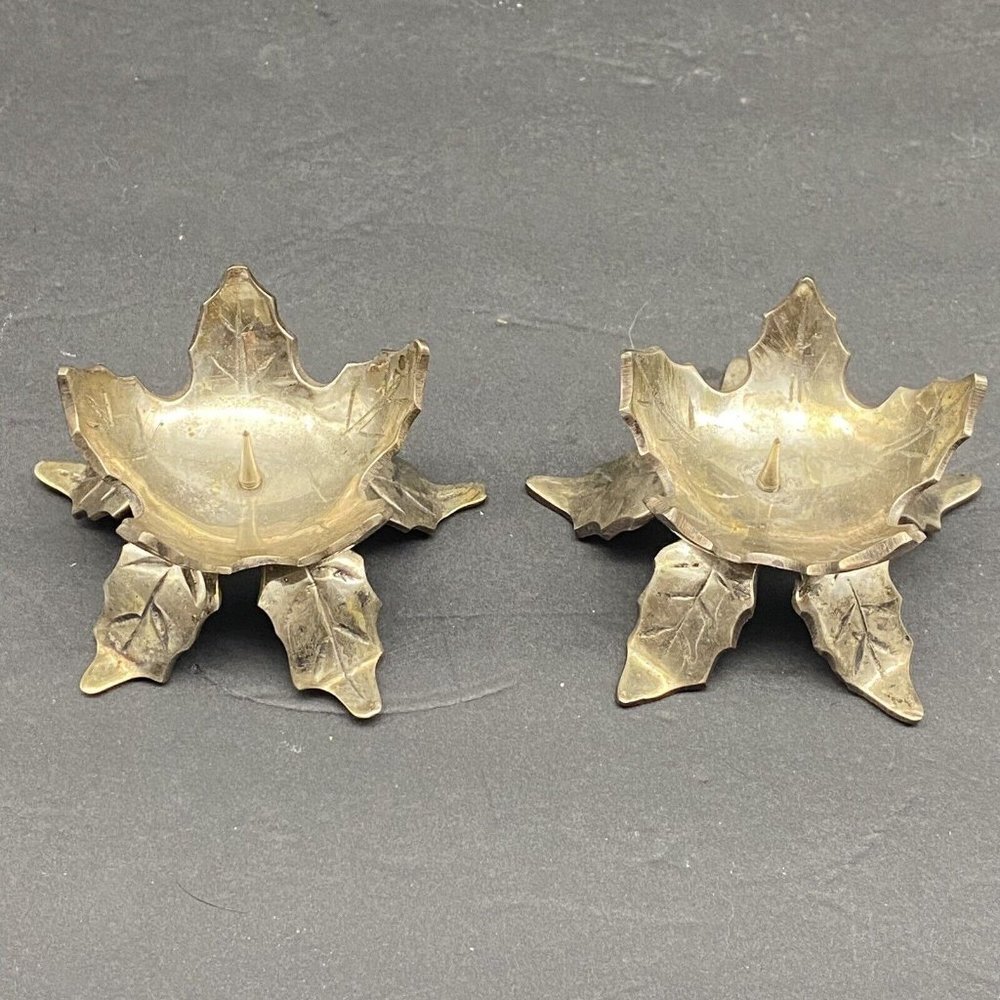 Vintage Silverplate Brass‎ Leaf Candlestick Holders 2 Set Poinsettia Floral 70s